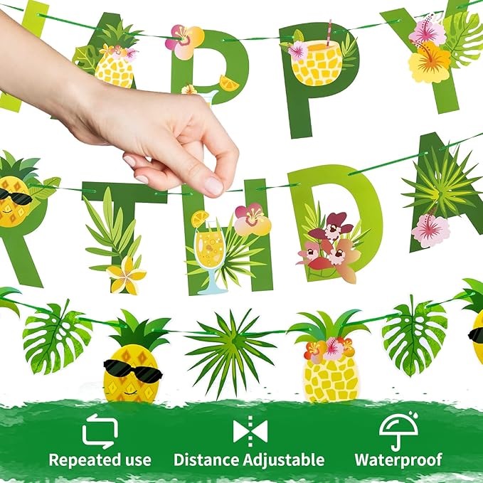 SUNBEAUTY Fruit Party Decorations Happy Birthday Pineapple Element Banner for Summer Tropical Hawaiian Aloha Parties - Colorful, Vibrant, Durable, Fun and Easy to Hang | Pre-Strung