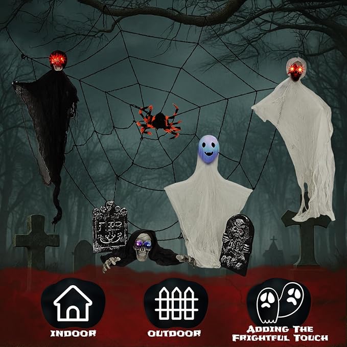 VINGLI Halloween Hanging Decorations, Flying Skeleton Reapers Ghosts, Spiders & Spider Webs, Tombstones with RIP Sign, with Lighted Up Eyes, 8 Pack for Indoor Haunted House Party Outdoor Graves Garden