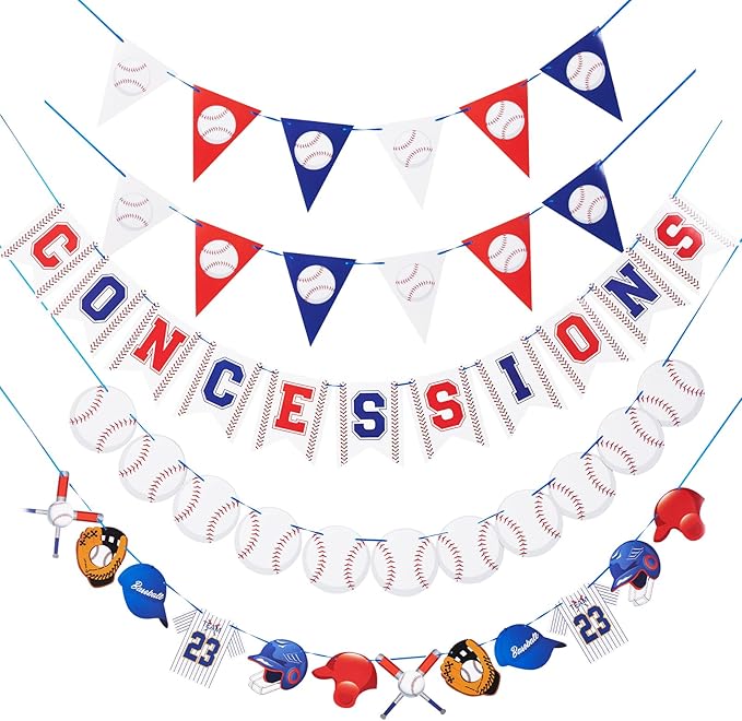 Pre-strung Baseball Party Decorations With Concessions Banner, Sports Themed Birthday Supplies, Triangle Bunting Pennant Flag