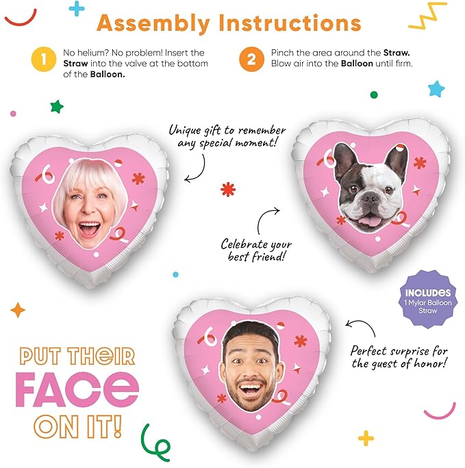 Big Dot of Happiness Personalized Fun Face Photo Pink Heart Balloons, Custom Birthday Balloons, Girl Baby Shower Decorations, Bachelorette Party, Bridal Shower, Double-Sided Mylar Balloon, 1 Piece