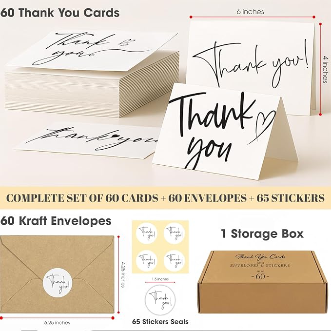 60 Pack Thank You Cards Bulk with Kraft Envelopes and Stickers – 4x6 Inch Elegant Minimalist Designs, Perfect for Business, Wedding, Baby & Bridal Shower, Graduation, Funeral or Personal Notes