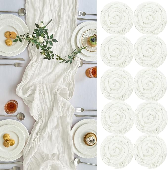 IVAPUPU 10 Pcs Cheesecloth Table Runner - 10ft Ivory White Boho Gauze Cheese Cloth Table Runners for Baby Shower Decoration Wedding Party Summer Garden Farmhouse
