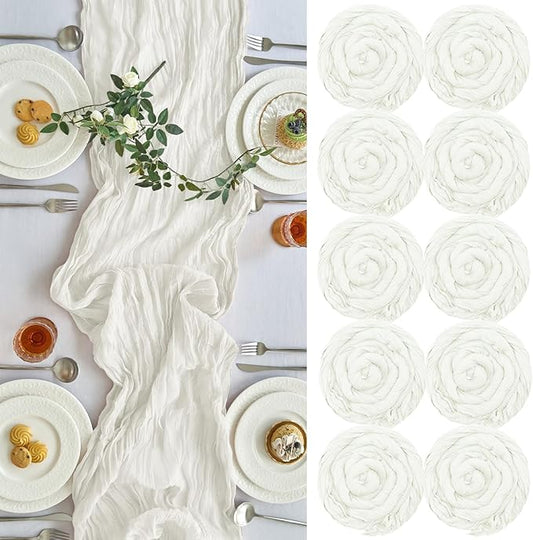 IVAPUPU 10 Pcs Cheesecloth Table Runner - 10ft Ivory White Boho Gauze Cheese Cloth Table Runners for Baby Shower Decoration Wedding Party Summer Garden Farmhouse