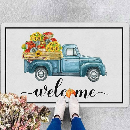 Happy-Thanksgiving Welcome Door Mat, Fall Truck Harvest Pumpkin Doormat for Front Door Outdoor Outside Entrance Porch Non Slip Rubber Rug Autumn Thanksgiving Farmhouse Decor, 30"x18"inch