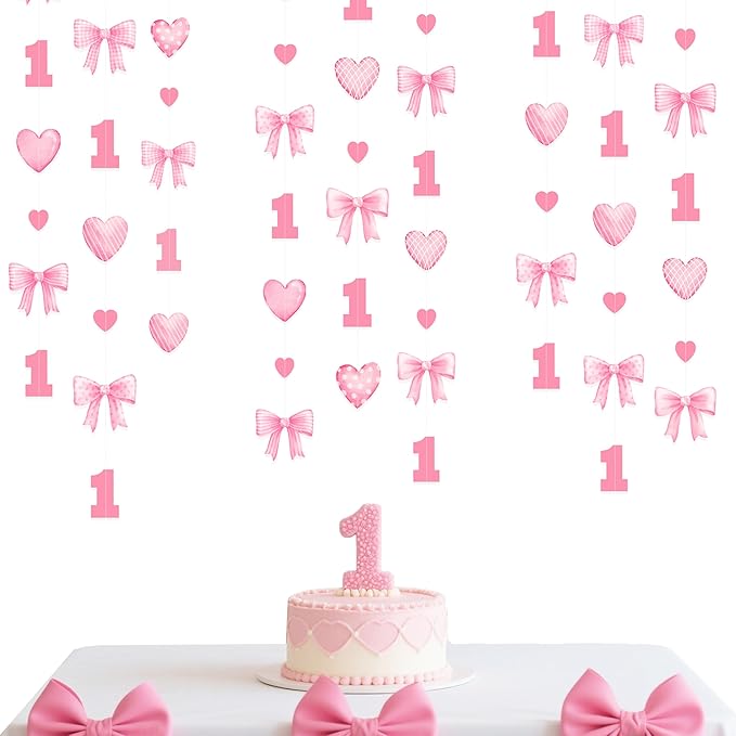 Pink Bow 1st Decorations Pink Plaid Twill Polka Dot Heart Bow Hanging Streamer Garland Banner for Happy First Birthday Girls Just Wanna be One Bday Decor 1st Anniversary Party Decorations Supplies