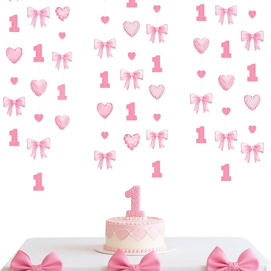 Pink Bow 1st Decorations Pink Plaid Twill Polka Dot Heart Bow Hanging Streamer Garland Banner for Happy First Birthday Girls Just Wanna be One Bday Decor 1st Anniversary Party Decorations Supplies