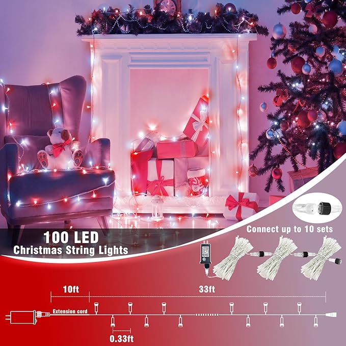 100 LED Christmas Lights Outdoor - 33ft Christmas String Lights 8 Modes Plug in Waterproof Twinkle Fairy Lights with Timer Memory for Indoor Outside Bedroom Home Party Decoration, Red&White