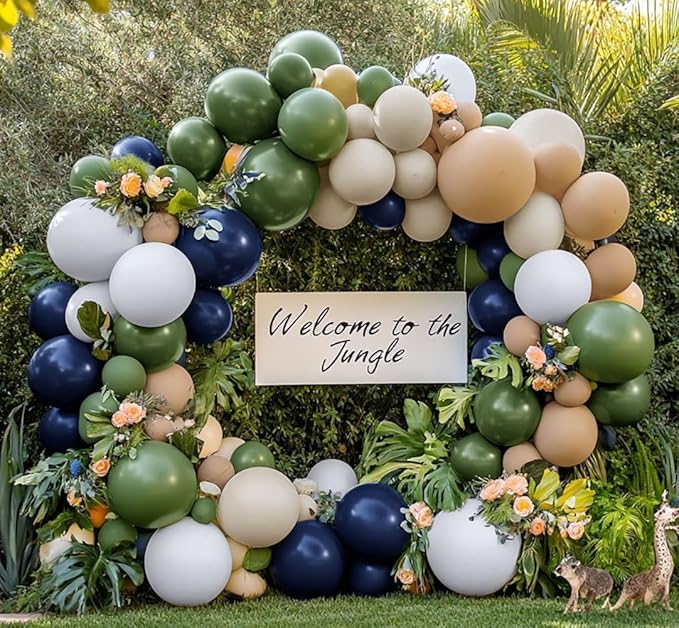 Navy Blue Green Balloon Garland Double Stuffed Sage Green Nude White Balloon Blue Tan Avocado Latex Arch Kit for Birthday Dinosaur Jungle Safari Wild Baby Shower Graduation Decorations