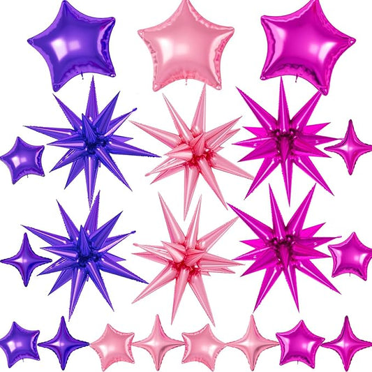 21 Pcs Star Balloons,22/18/10 Inch Star Foil Mylar Balloon,Spike Balloon and Four Pointed Balloons for Party Supplies Christmas Birthday Wedding Photo Booth (Purple Pink Hot Pink)