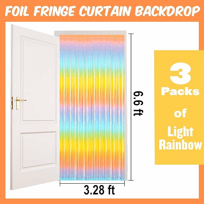 3 Pack Light Rainbow Foil Fringe Curtains Backdrop, 3.28 x 6.6 Ft Metallic Streamers Tinsel Curtains Background for Photo Booth, Birthday, Halloween, Christmas, New Year Party Decorations