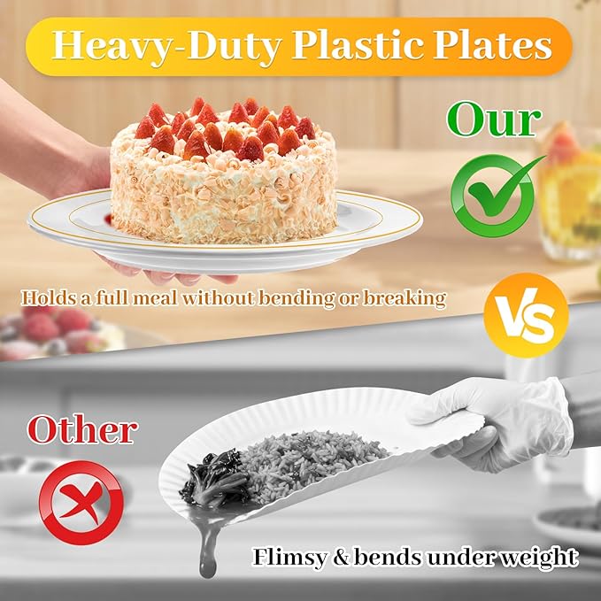 MENDENG 50PCS Gold Rim Plastic Plates for Party, 25x10.25 Dinner Plates & 25x7.5 Dessert Plates, Heavy Duty Disposable Plastic Plates for Wedding Party Thanksgiving Birthday