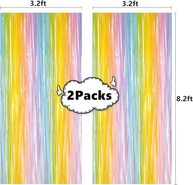 2 Pcs 3.2ft x 8.2ft Rainbow Metallic Tinsel Foil Fringe Curtain Party Streamers Photo Booth Backdrop Prop for Wedding Holiday Baby Shower Bachelorette Party Décor