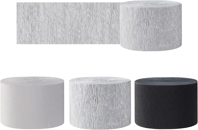 Black White Silver Party-Decorations Streamers - 9 Rolls Graduation Men Boys Birthday Crepe Tissue Paper Streamer Banner, Wedding Baby Bridal Shower New Years Garland Decor Panduola