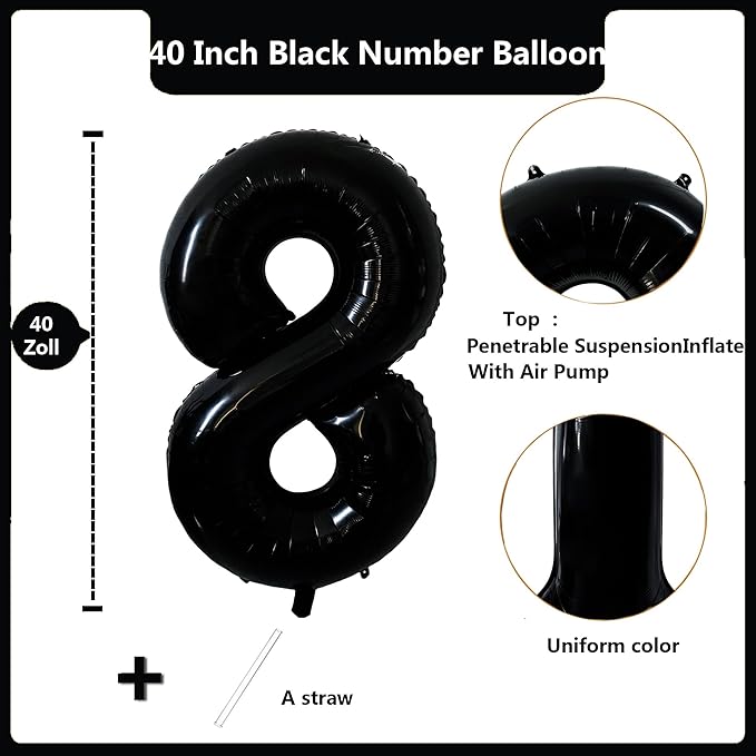 40 inch Black 8 Number Balloon Giant Foil Helium Balloons Black Large Digital Balloon 8 Number 8 Balloons for 8th Birthday Party Decorations Anniversary Events Decoration Supplies