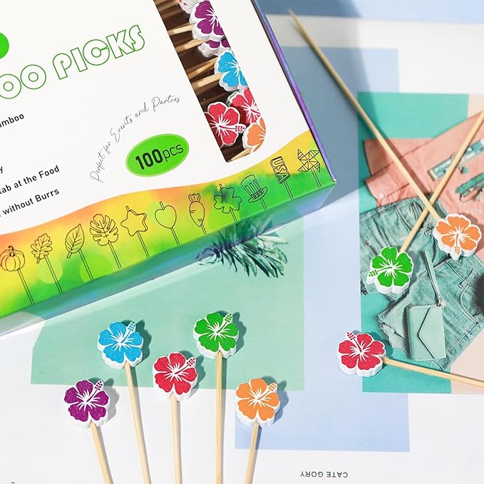 Hawaiian Hibiscus Cocktail Picks Summer Flower Decorative Toothpicks Fruit Dessert Sticks Food Sandwich Appetizer Charcuterie Skewers, for Luau Hawaii Tropical Decorations Floral Party Supplies