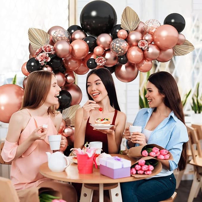 Rose Gold and Black Balloon Arch Kit, 102pcs Matte Black and Metallic Pearl Rose Gold Confetti Latex Balloons Garland Kit for Women Girls Birthday Baby Bridal Shower Wedding Party Decorations Supplies