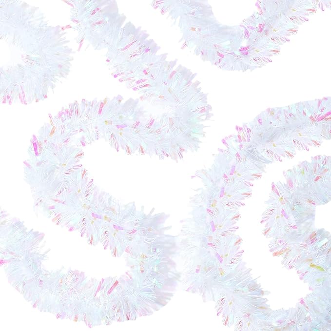 Dilunave 40 Feet Christmas Tinsel Garland Metallic Foil Twist Tinsel Garland Decoration for Christmas Tree, Wedding, Birthday and Party Hanging Decorations(White)