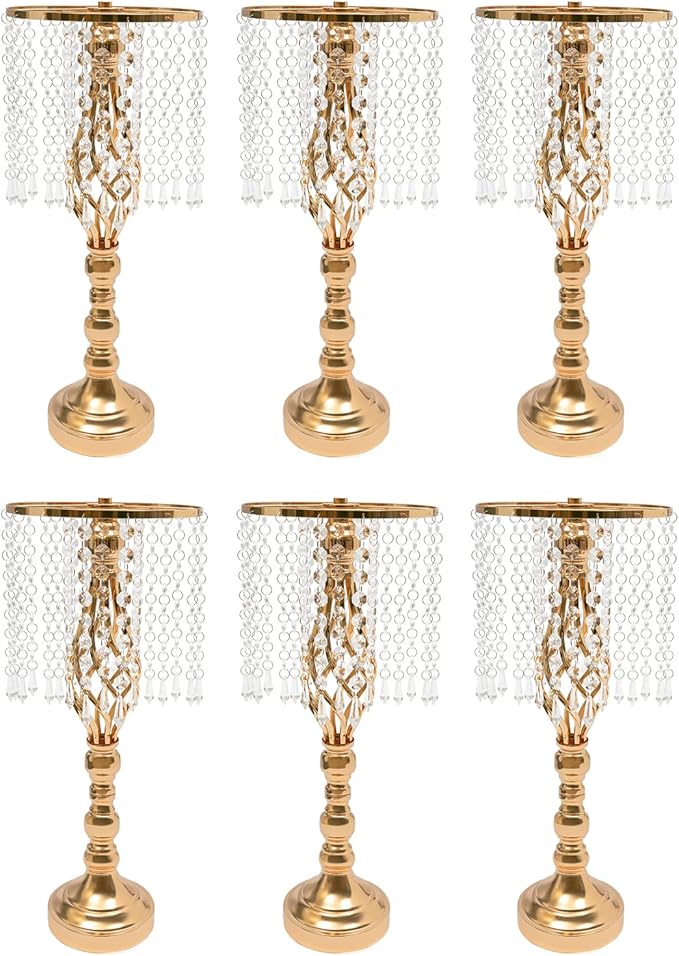 Wedding Centerpieces Gold Vases,6PCS Metal Flower Candle Holder with Sparkling Crystal Beads,Crystal Flower Vase Metal Flowers Stand for Party Tables Decorations (6PCS-Gold)