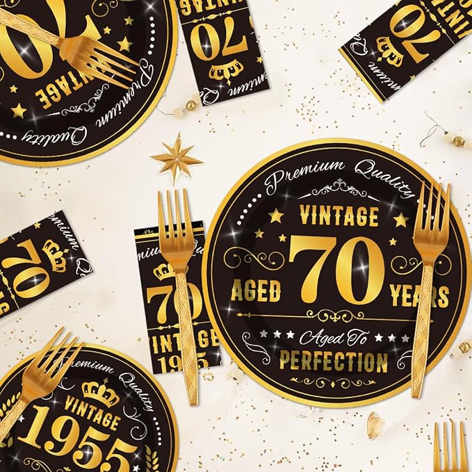 96PCS 70th Birthday Plates and Napkins Party Supplies 70th Birthday Decorations for Men 70th Anniversary Decorations Vintage 1955 Birthday Party Tableware Sets Serve 24 Guests