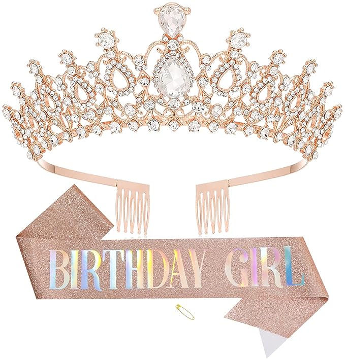 Birthday Tiara and Crown with Sash for Women, Hair Accessories for Wedding Party Costume (B - Rose)