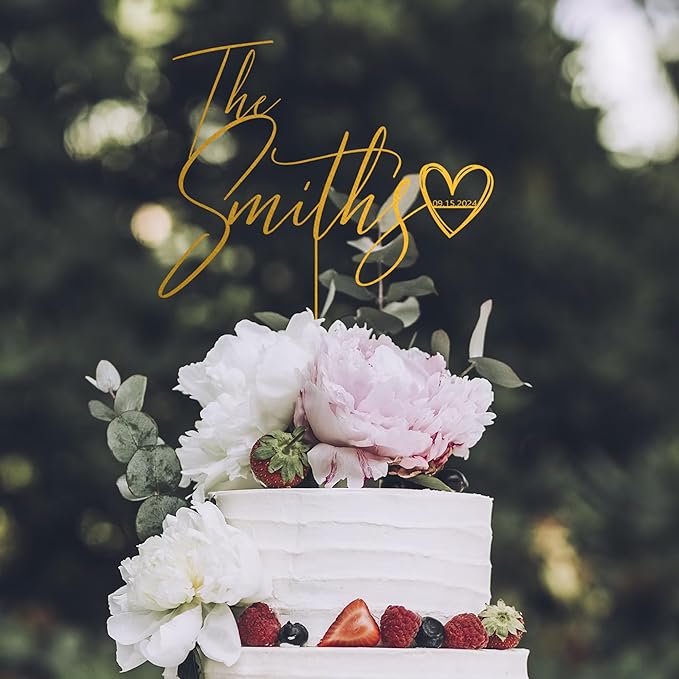 Noni Luxury Personalized Wedding Cake Topper with date and heart, Custom Couples Script Cake Topper for Weddings, Rustic Cake Topper, Mr and Mrs Cake Toppers for Wedding, Custom Cake topper