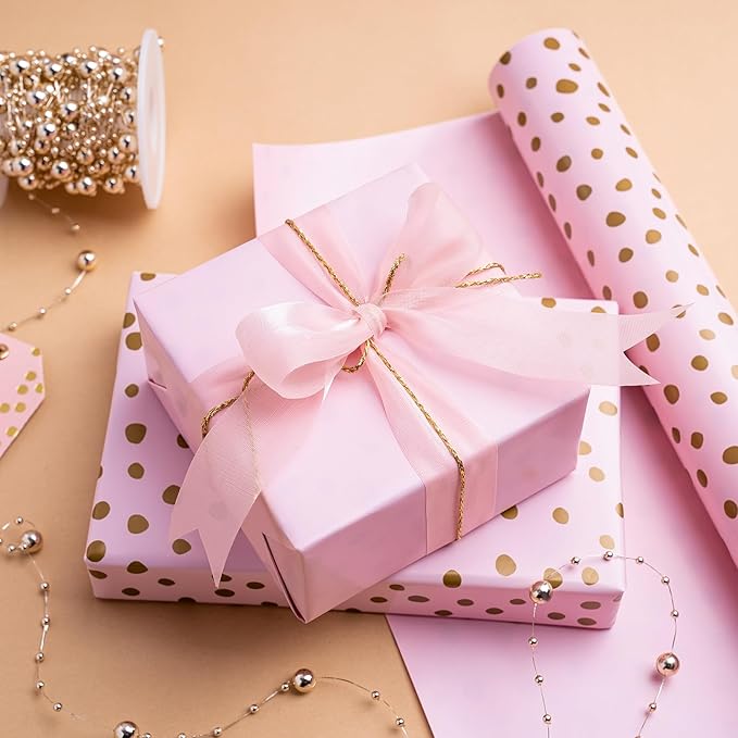 WRAPAHOLIC Reversible Wrapping Paper - Mini Roll - 17 Inch x 33 Feet - Pink Print and Gold Delicate Polka Dots Design for Birthday, Holiday, Wedding, Baby Shower