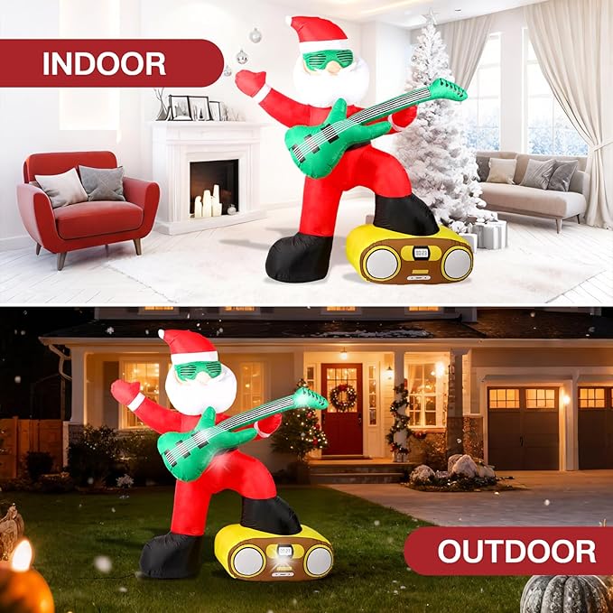 6FT Christmas Inflatables Decorations Outdoor，Blow Up Santa Claus with a Guitar with Built-in LEDs Lights for Indoor Holiday Party Yard Garden Lawn Décor