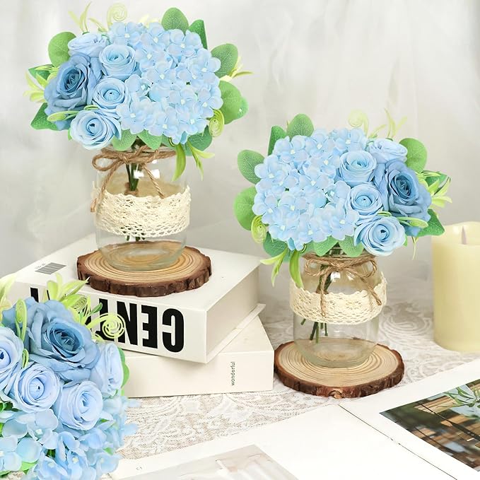 Set 6 Mason Jar Table Centerpiece - Wedding Centerpieces for Tables, Mason Jar Flower Centerpiece Vases Decor- Boho Farmhouse Rustic for Engagement, Bridal Shower, Wedding, Versatile Decor (Blue)