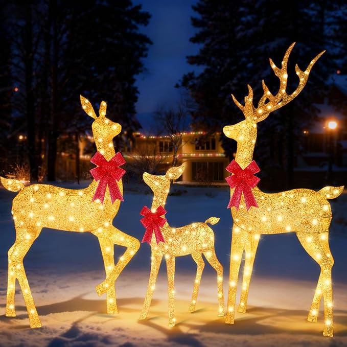 3-Piece Reindeer Outdoor Christmas Decoration, 6.7FT Large Lighted Christmas Deer Family Set, Outdoor Reindeer Xmas Decorations Yard with 400 LED Lights, Stakes, Zip Ties - Gradient Gold