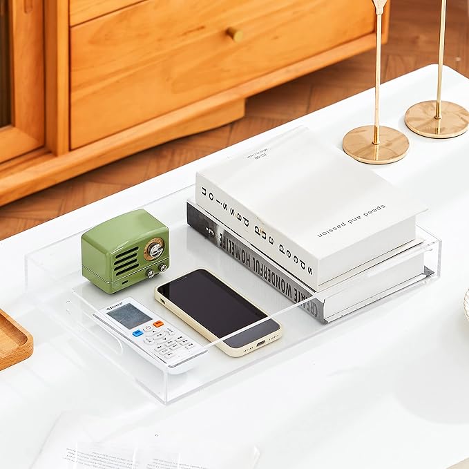 Clear Sturdy Acrylic Serving Tray with Handles 10x15x2H Inches -Spill Proof- Decorative Trays Countertop Organizer for Ottoman Coffee Table Nightstand, sidetable, Breakfast, Tea, Food