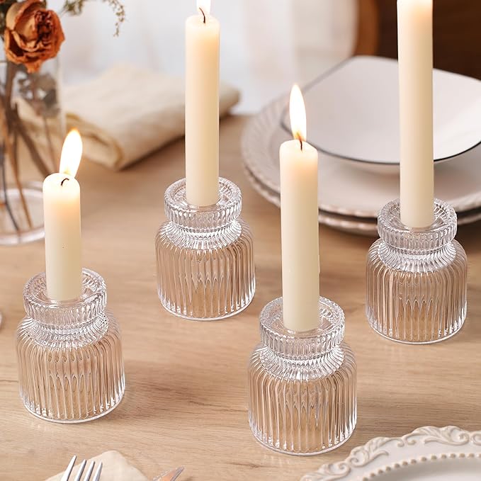 DARJEN 12 Pcs Glass Candlestick Holders- Clear Taper Candle Holders Tealight Votive Candle Holders for Table Centerpieces, Wedding, Dinner Party, Home Decor