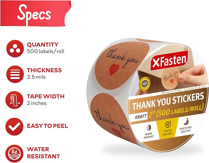 XFasten Kraft Thank You Stickers Roll for Small Business, 500 2-inch Round Thank You Sticker Tags, Microwave-Safe Thank You Sticker Label Bulk for Packaging, Shipping, Shopping Bags and Envelopes