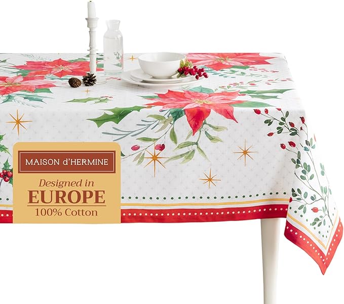 Maison d' Hermine Table Cloth Square Table 100% Cotton 60 x 60 Inches Fall Tablecloth Reusable Everyday Use for Thanksgiving Christmas Decorations Dining Farmhouse Party (Poinsettia Christmas)