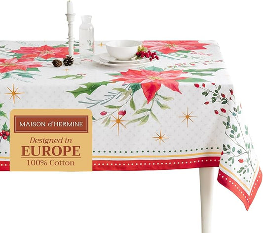 Maison d' Hermine Table Cloth Rectangle Table 100% Cotton 70 x 108 Inches Fall Tablecloth Reusable Everyday Use for Thanksgiving Christmas Decorations Dining Farmhouse Party (Poinsettia Christmas)