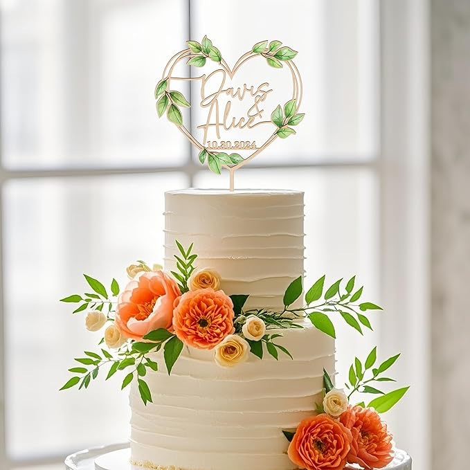 Heart Wedding Cake Topper Personalized Names and Date Green Leaves Engagement Cake Topper Keepsake Wedding Gift