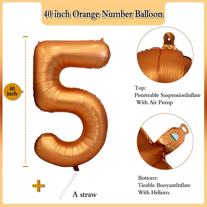 40 inch Orange Number Balloon Giant Foil Helium Balloons for 5th Birthday Party Decorations
