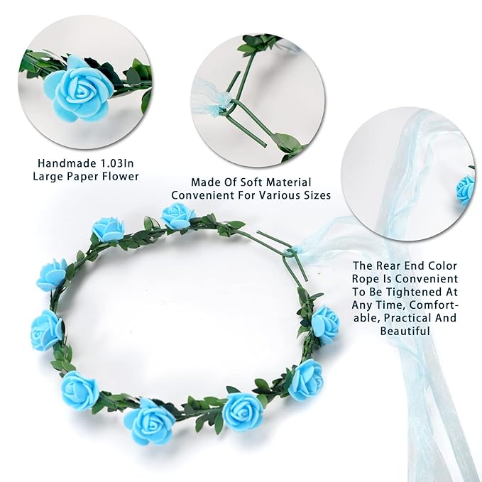 AmFor 22 Pcs Multicolor Rose Flower Wreath Crown Headband Garland Headpiece for Music Festival Celebration Beach Wedding Party