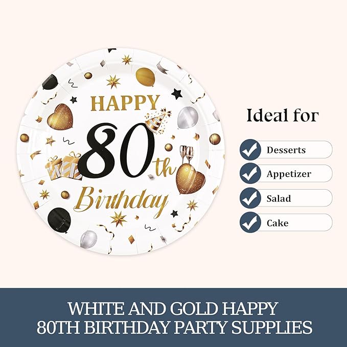 75PCS 80th Birthday Plates and Napkins Party Decorations, 7 Inch White and Gold Happy Birthday Paper Dessert Cake Plates and Napkins with Forks Disposable Tableware Set for Women Men