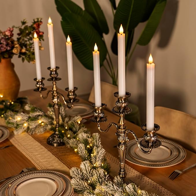 Homemory 12 Pcs Waxy Flameless Taper Candles with Remote, Flickering Battery Operated, LED Flameless Candlesticks, Classic Tall Taper Candles for Home, Wedding, Party, White, 9.6 inches