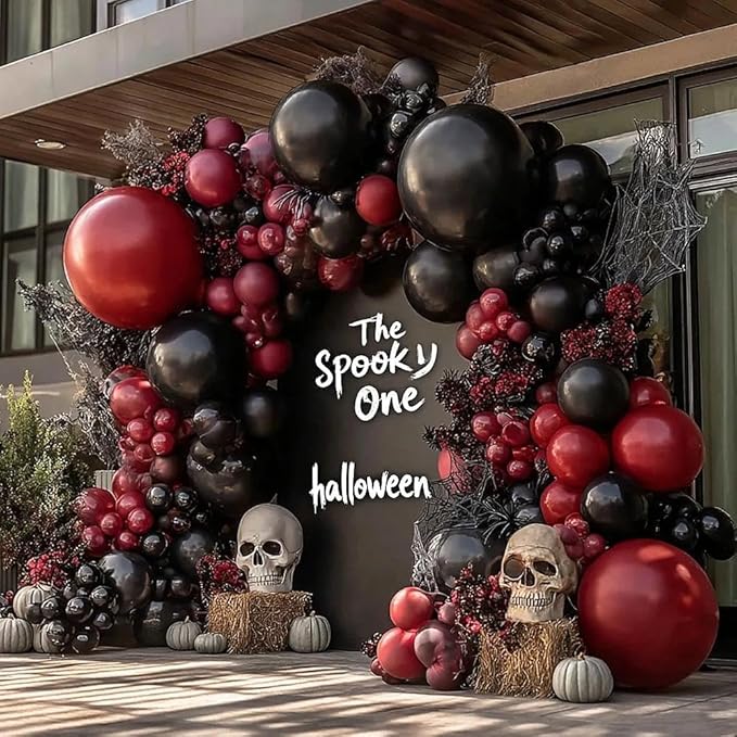 Black Red Balloon Arch Double Stuffed Black Burgundy Maroon Balloons Dark Ruby Red Metallic Balloon Garland Kit for Birthday Wedding Halloween Casino Anniversary Graduation Party Decoration