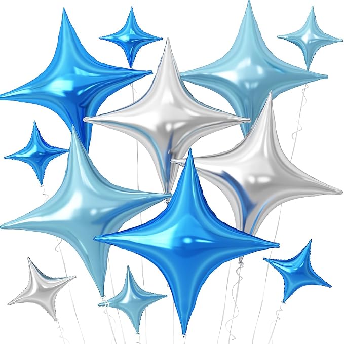 Blue Silver Star Balloons,12Pcs Four Angle Star Foil Balloons,26Inch and 10Inch Blue Silver Quadrangle Helium Balloon for Birthday Anniversary Party Decorations