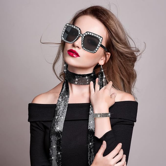 Sasylvia 5 Pcs 70s Disco Accessories Halloween Women Costume Jewelry Sequin Scarf Earrings Sunglasses Bracelet Headband