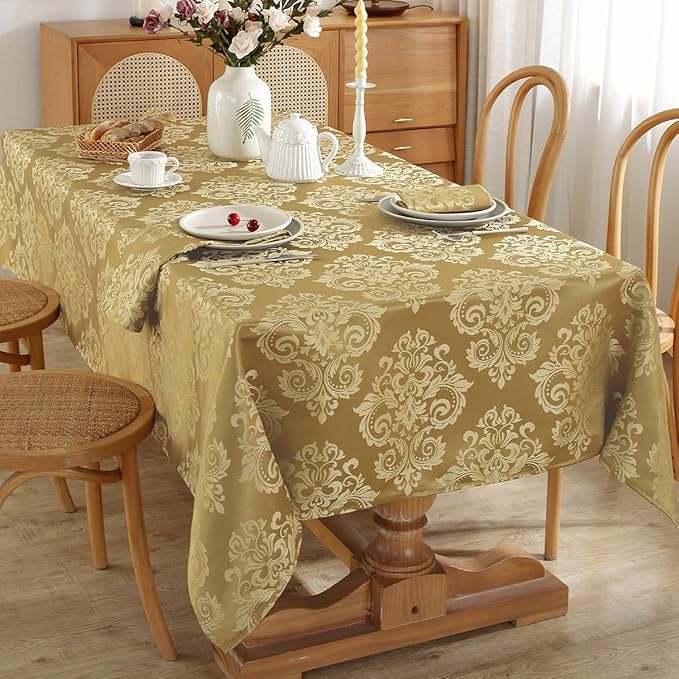 SASTYBALE Damask Gold Tablecloth for Rectangle Tables 60 x 102 Inch, Floral Jacquard Spill Proof Wrinkle Free Polyester Table Cloth, Fabric Table Cover for Dining/Party/Wedding/Indoor/Outdoor