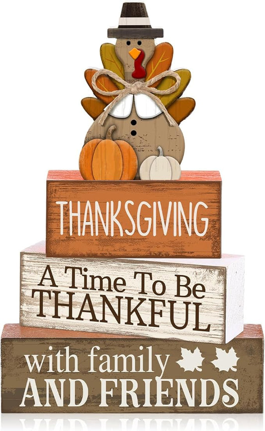 4 Pcs Thanksgiving Decoration for Home Wooden Turkey Decor Thanksgiving Table Centerpiece Fall Tiered Tray Decor Rustic Decorative Turkey Block Signs Gift for Home Kitchen Shelf