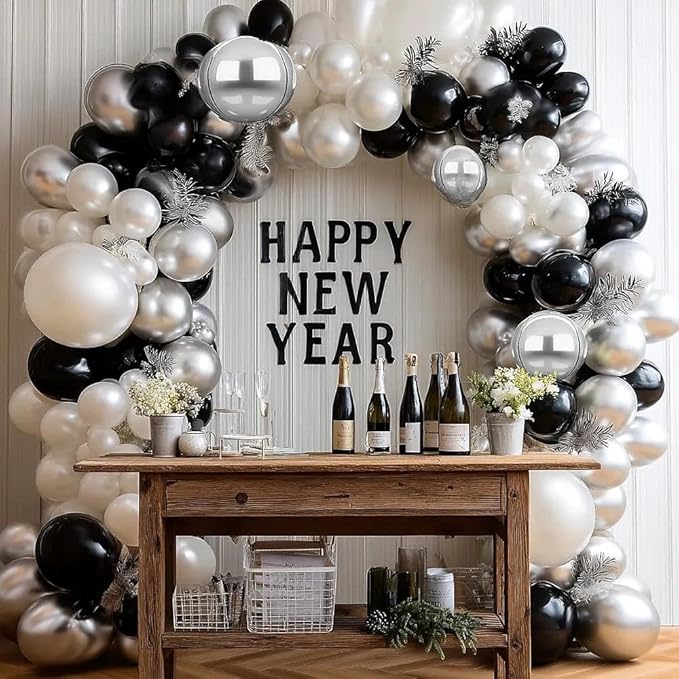 Black White Balloon Garland Arch Double Stuffed Pearl White Black Silver Balloons Different Size Balloons Set for Christmas New Year Birthday Anniversary Wedding Halloween Party Decorations