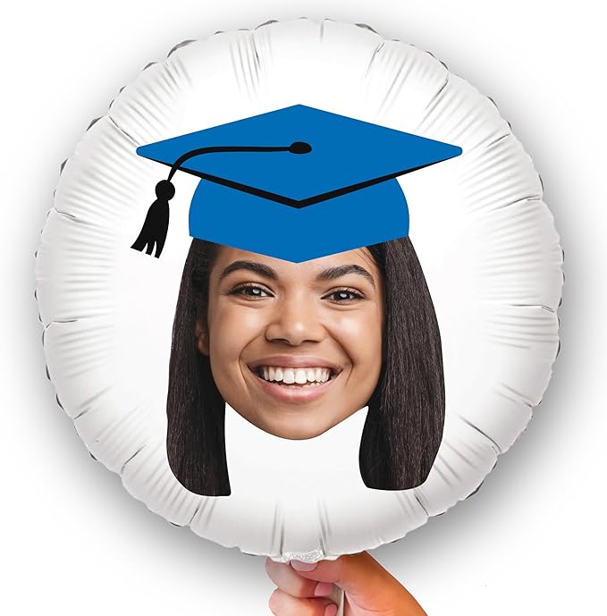 Big Dot of Happiness Personalized Blue Grad Cap Fun Face Photo Balloon, Elementary High School College Custom Graduation Party Decorations, Double-Sided Round Circle Mylar, 1 Piece