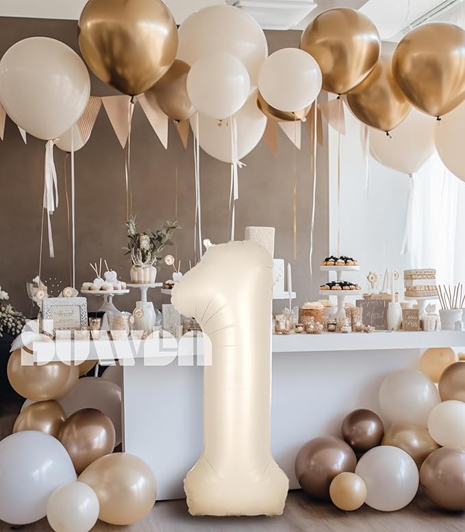 SUWEN 40 Inch Cream White Large 1 Balloon Numbers Big Foil Helium Number Balloons 0-9 Jumbo Happy 1st Mylar Birthday Party Decorations for Boy or Girl Anniversary Party Supplies