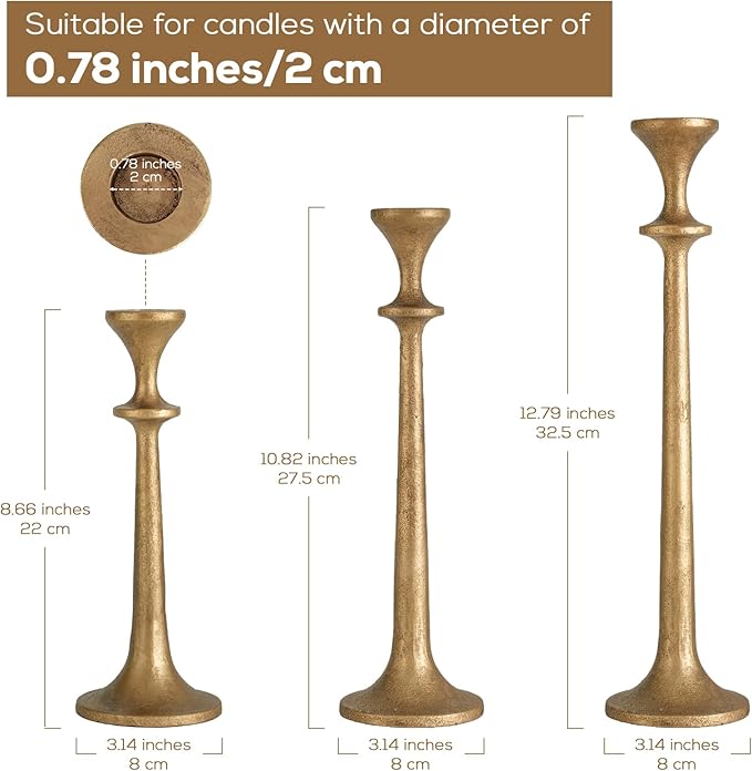 Gold Taper Candle Holders Set of 3 Heavy Cast Iron Antique Brass Candlestick Holder for Table Centerpiece Vintage Decorative Candelabra for Home Decor Fireplace Wedding Holiday Christmas Halloween