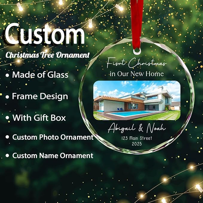 Personalized Round Christmas Crystal Glass Ornaments Custom 2025 Ornament with Name for Tree Hanging Gifts Customized First Christmas in New Home Hanging Decor