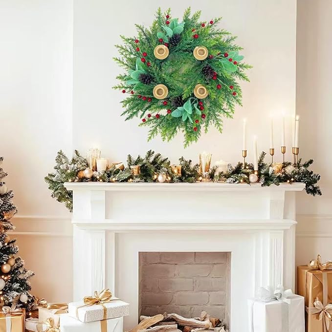 20 Inch Christmas Candlestick Wreath for Front Door,Artificial Pine Wood Paired with Berries Used for Window, Wall, Porch, and Other Indoor and Outdoor Home Decorations
